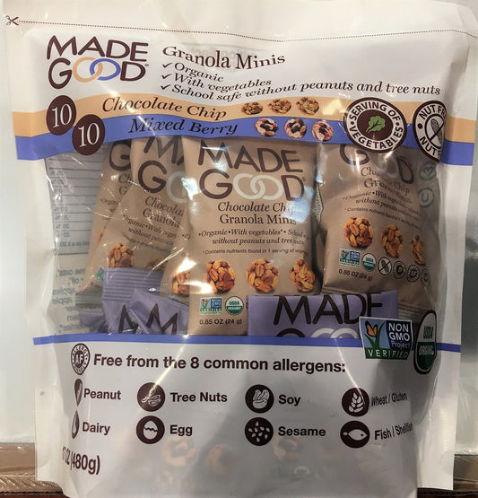 MadeGood Granola Minis Club Pack (20 ct, 0.85 oz. each); 10 Bags Chocolate Chip and 10 Bags Mixed Berry Granola Minis; Vegan, Gluten-Free, Allergy-Friendly, Organic, Non-GMO Snacks