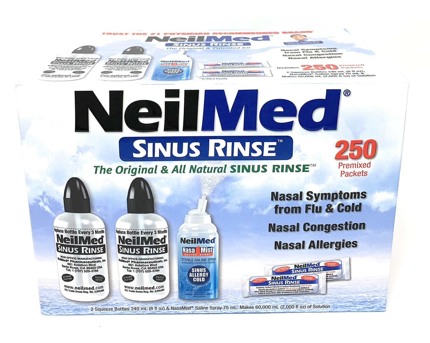 NeilMed Sinus Rinse - 2 squeeze Bottles 240mL (8fl oz) & Nasamist Saline Spray 75mL - 250 Premixed Packets - BONUS Nasa Mist Saline Spray - Value Pack
