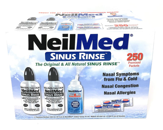 NeilMed Sinus Rinse - 2 squeeze Bottles 240mL (8fl oz) & Nasamist Saline Spray 75mL - 250 Premixed Packets - BONUS Nasa Mist Saline Spray - Value Pack
