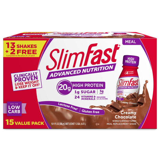 SlimFast Advanced Nutrition Creamy Milk Chocolate, Meal Replacement, 20 g of Protein, Pantry Friendly, Brown, 15 Count, 165 Fl Oz