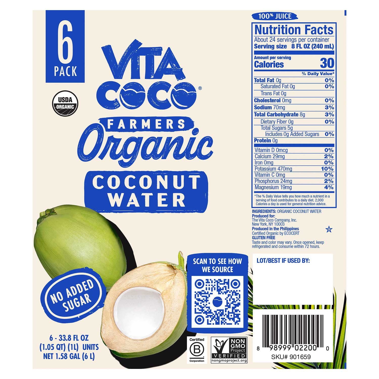 Vita Coco Farmers Organic Coconut Water, 33.8 fl. oz., 6 pk.