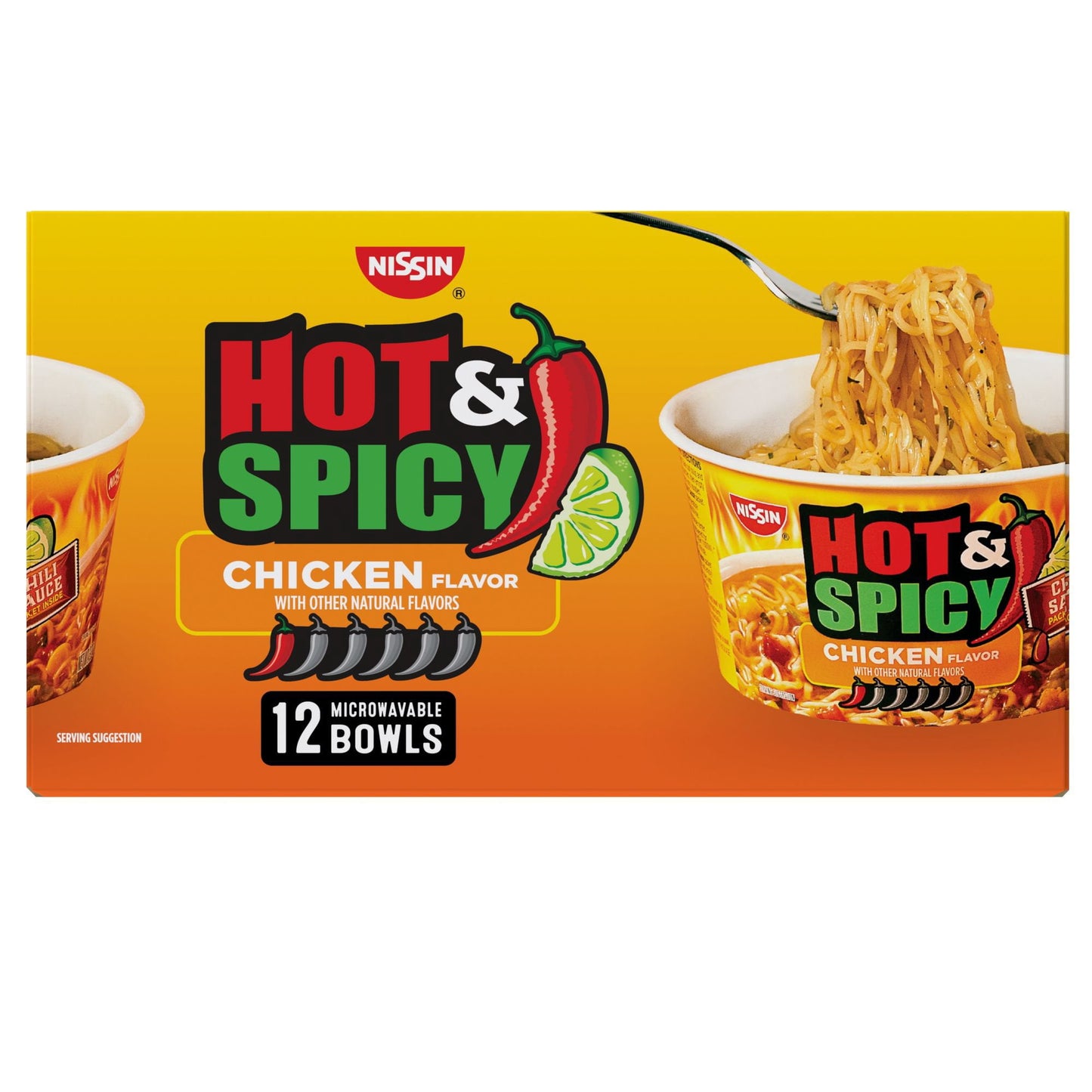 Nissin Hot and Spicy Ramen Noodle Soup Bowl, Chicken Flavor, 3.32 oz., 12 pk.