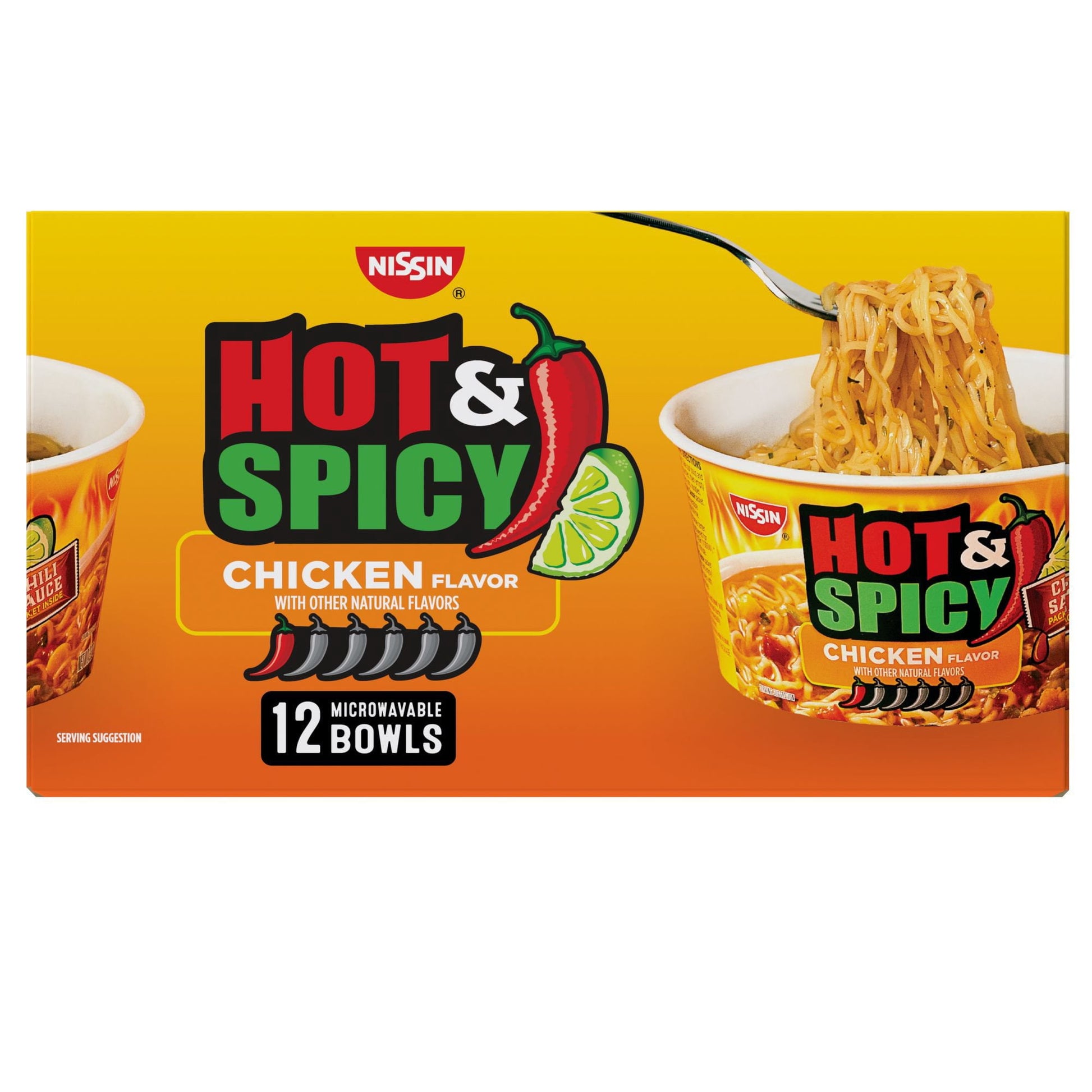 Nissin Hot and Spicy Ramen Noodle Soup Bowl, Chicken Flavor, 3.32 oz., 12 pk.