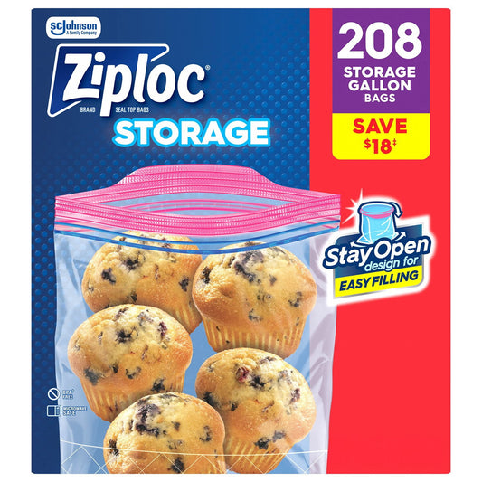 Ziploc Brand Gallon Storage Bags, Stay Open Design, Easy to Fill, 208 ct.