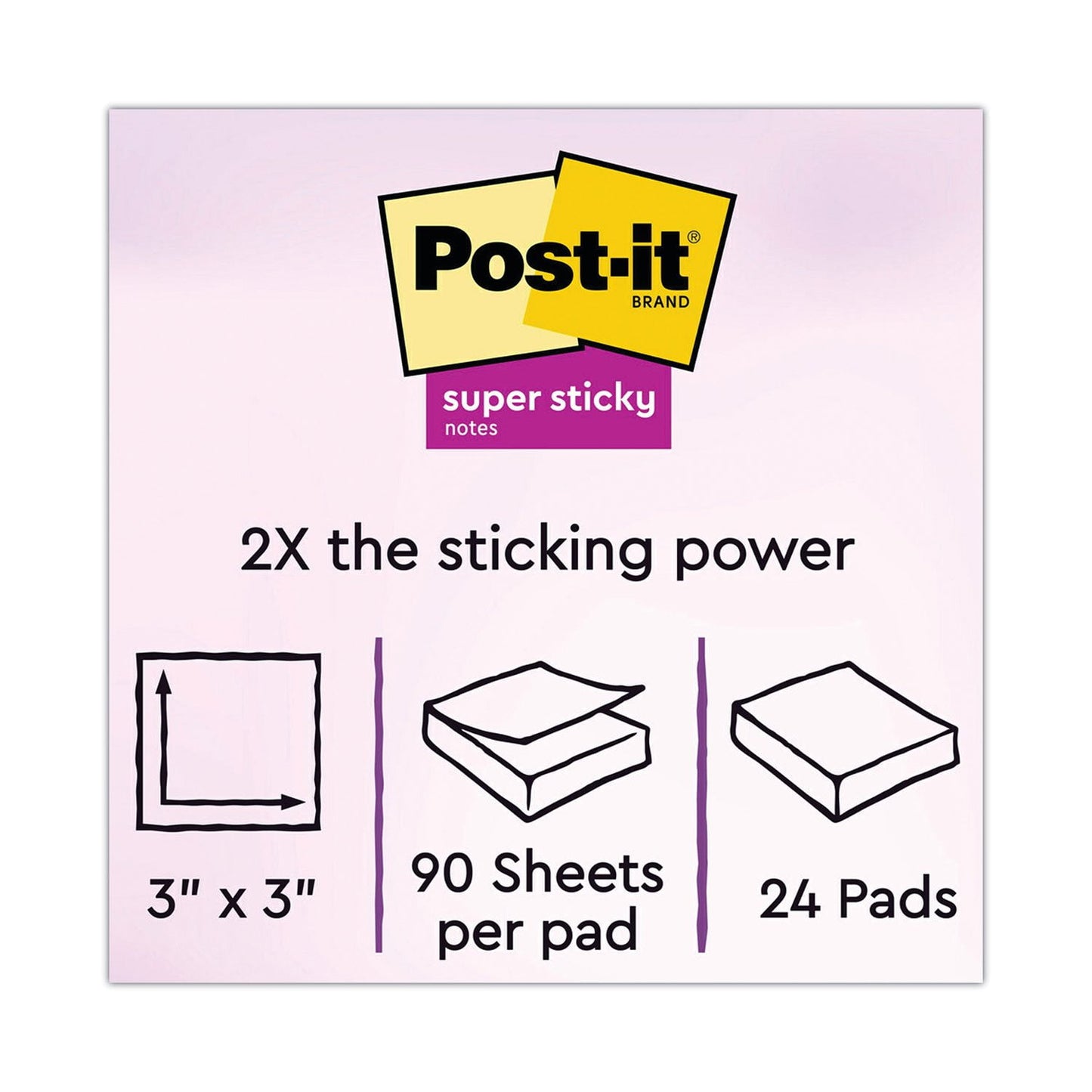 Post-it Notes Super Sticky Pads, 3" x 3", Canary Yellow, 24 Pads, 2,160 Total Sheets