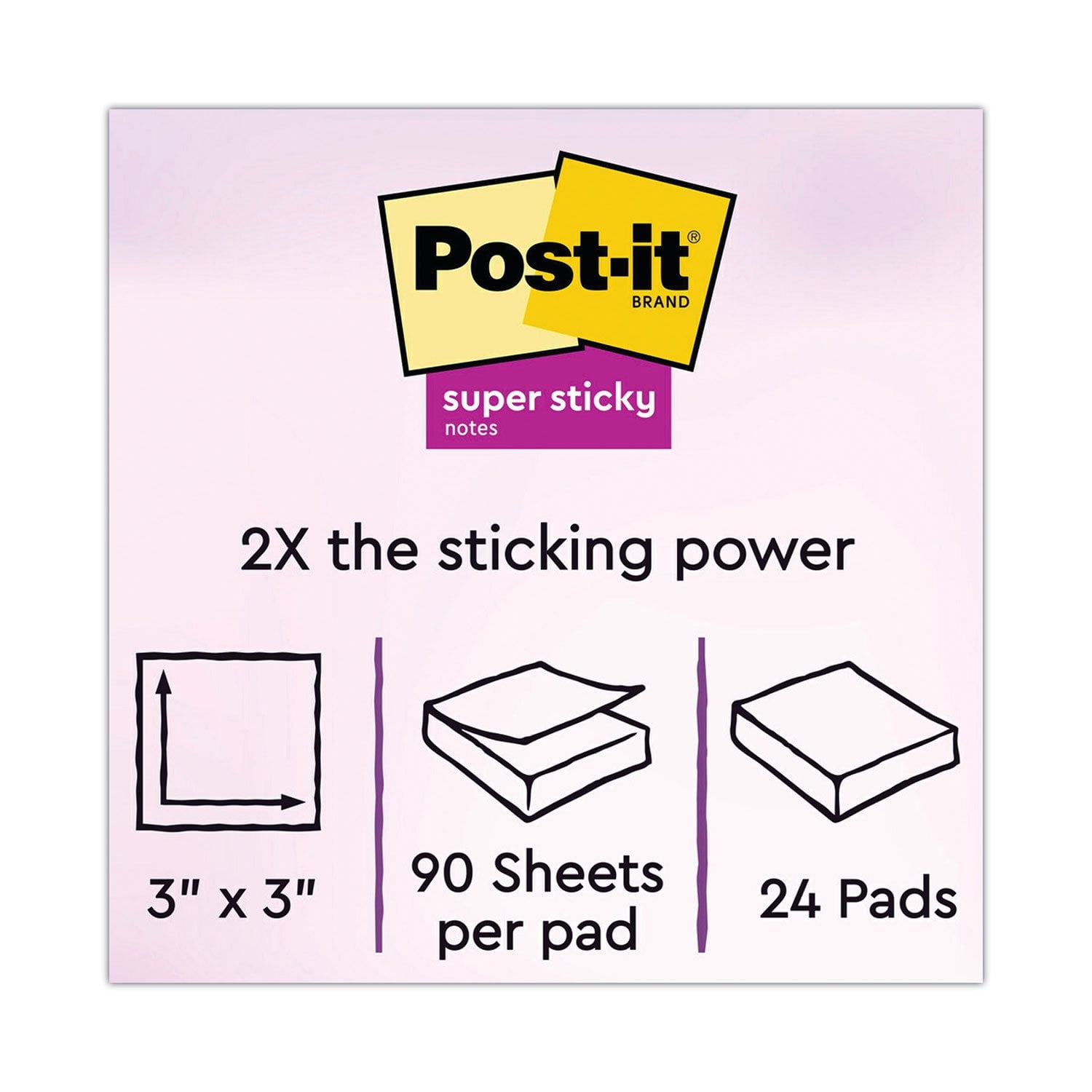 Post-it Notes Super Sticky Pads, 3" x 3", Canary Yellow, 24 Pads, 2,160 Total Sheets
