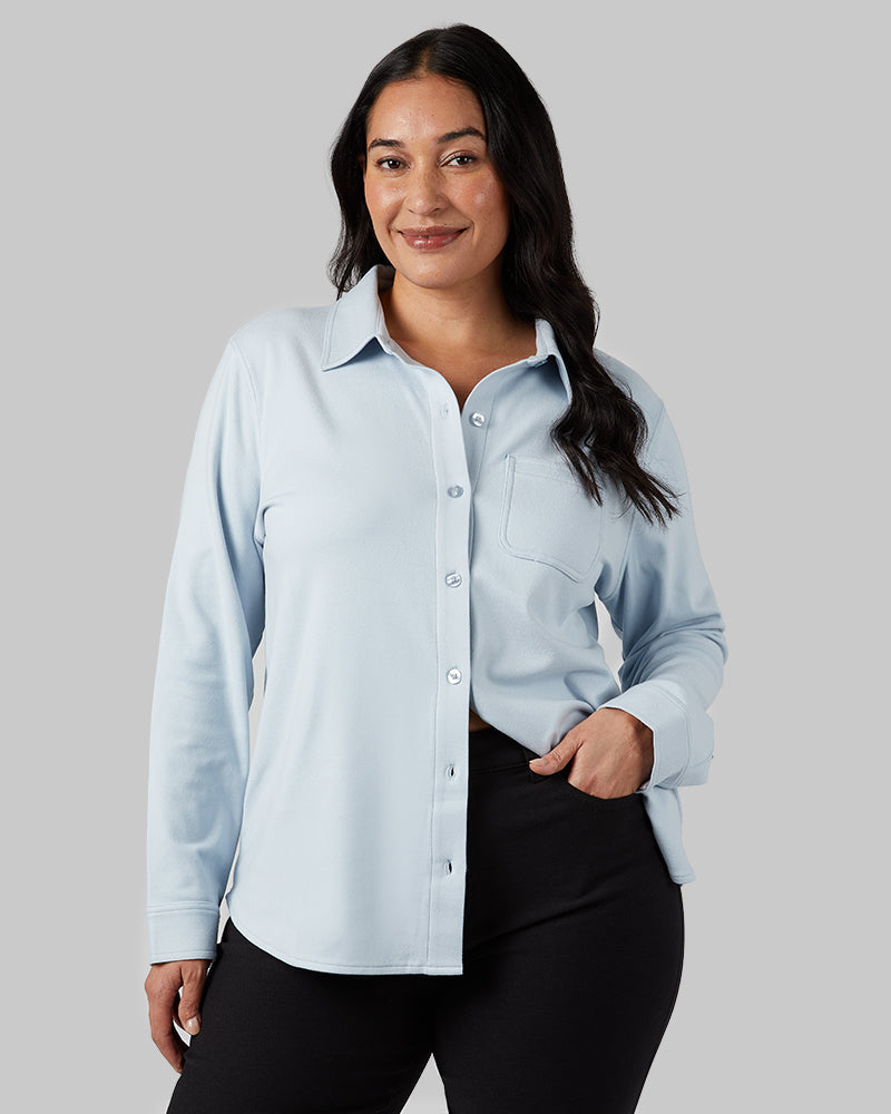 WOMEN'S SOFT STRETCH KNIT LONG SLEEVE BUTTON-UP