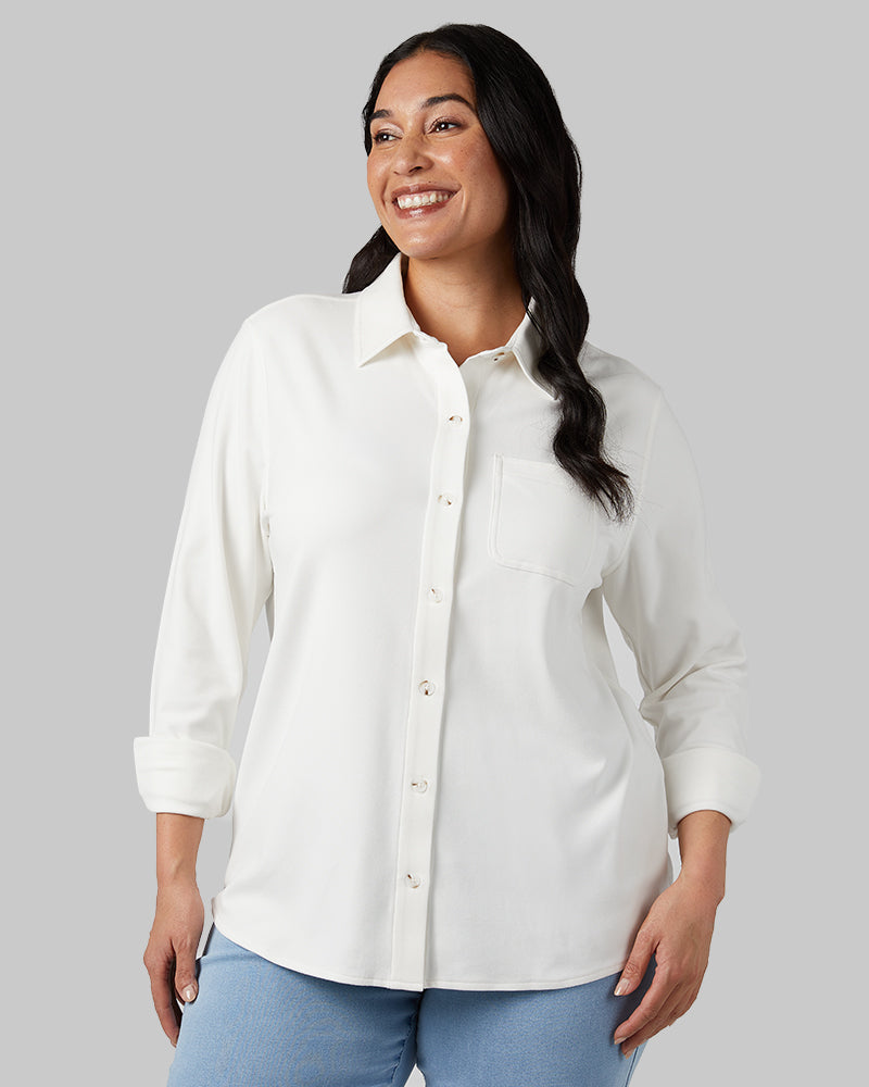 WOMEN'S SOFT STRETCH KNIT LONG SLEEVE BUTTON-UP