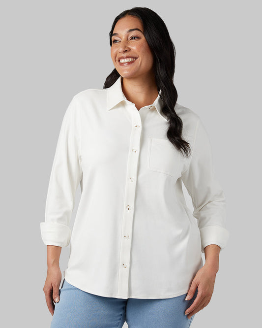 WOMEN'S SOFT STRETCH KNIT LONG SLEEVE BUTTON-UP