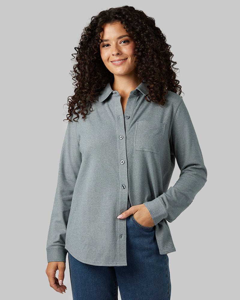 WOMEN'S SOFT STRETCH KNIT LONG SLEEVE BUTTON-UP