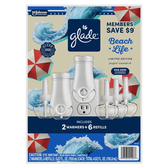 Glade PlugIns Scented Oil Air Freshener, Beach Life, 2 Warmers + 6 Refills