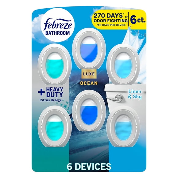 Febreze Bathroom Air Freshener, Citrus Breeze Heavy Duty + Ocean + Linen & Sky, 6ct.