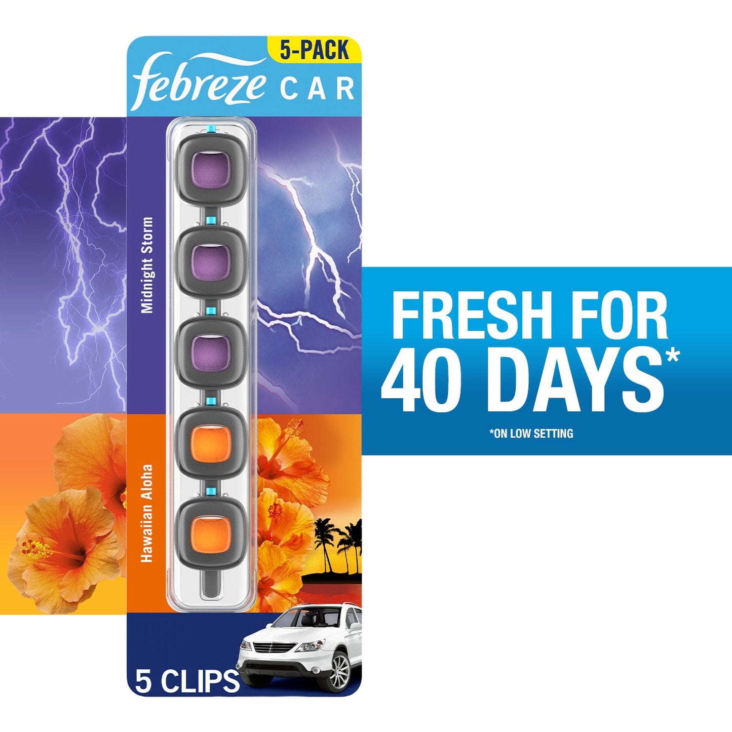 Febreze Car Air Freshener Vent Clips, Midnight Storm and Hawaiian Aloha, 5 ct.