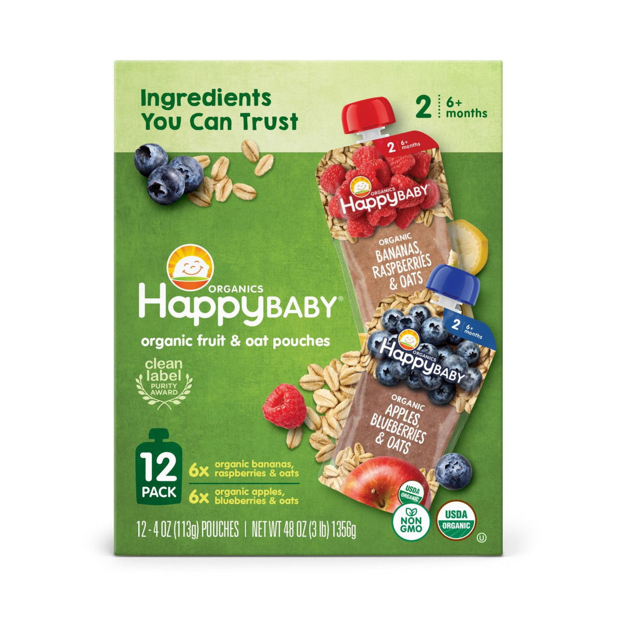 HappyBABY Organics Clearly Crafted Fruit & Oat Pouches, Variety Pack, 12 ct., 4 oz.