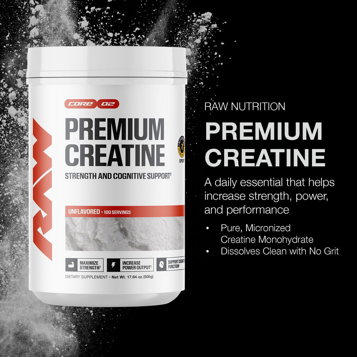 RAW Nutrition Creatine Monohydrate Powder, Unflavored, 510g 100 Servings