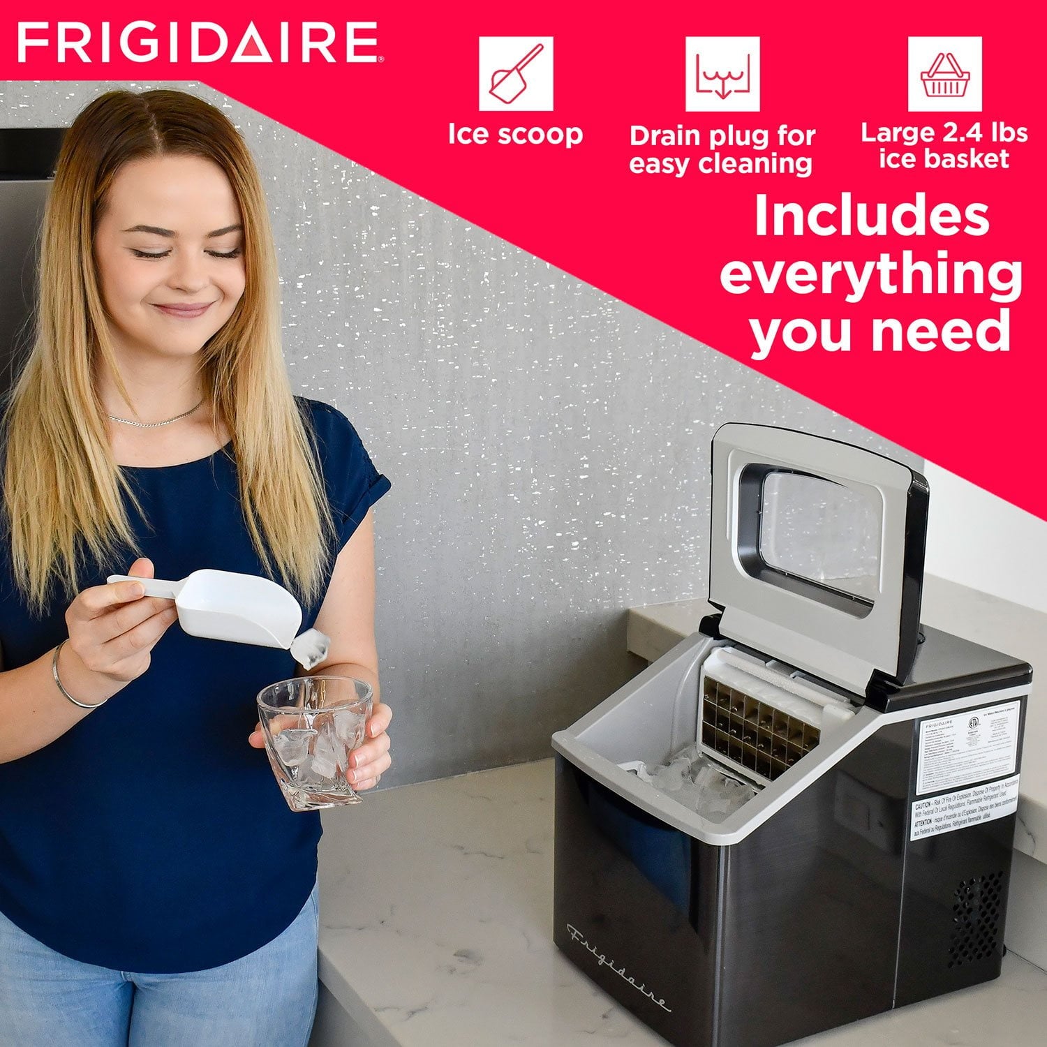 Frigidaire Ice Maker, Countertop Stainless Steel Ice Maker with Transparent Window, Clear Ice Cube Maker with 40 lbs. Capacity, Ice Maker Machine