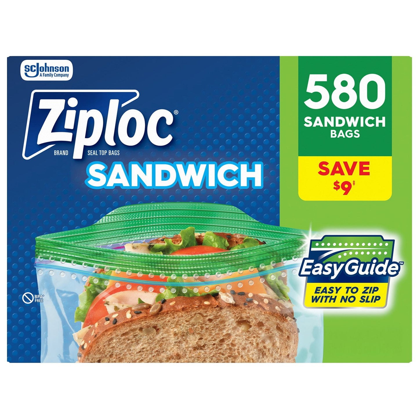 Ziploc Brand Sandwich Bags with EasyGuide Texture, Grip ’n Seal Technology, 580 ct.