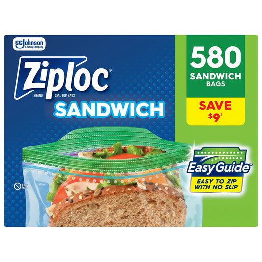 Ziploc Brand Sandwich Bags with EasyGuide Texture, Grip ’n Seal Technology, 580 ct.
