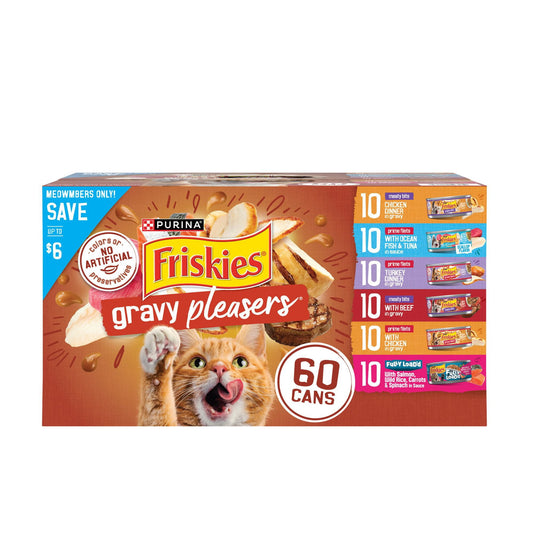 Purina Friskies Wet Cat Food Gravy Pleasers Variety Pack with Fully Load’d, Meaty Bits, and Prime Filets, 60 ct., 5.5 oz. Cans