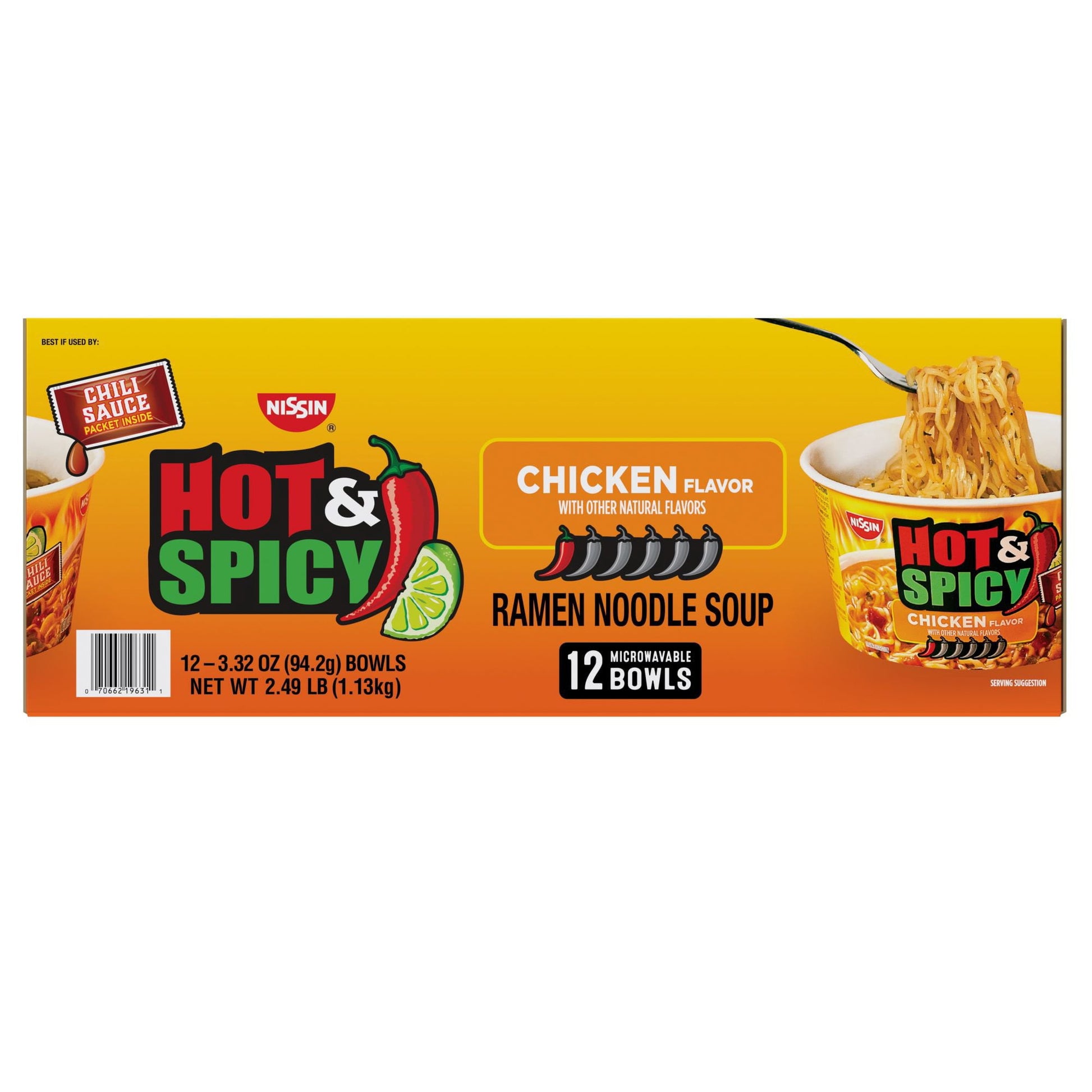 Nissin Hot and Spicy Ramen Noodle Soup Bowl, Chicken Flavor, 3.32 oz., 12 pk.