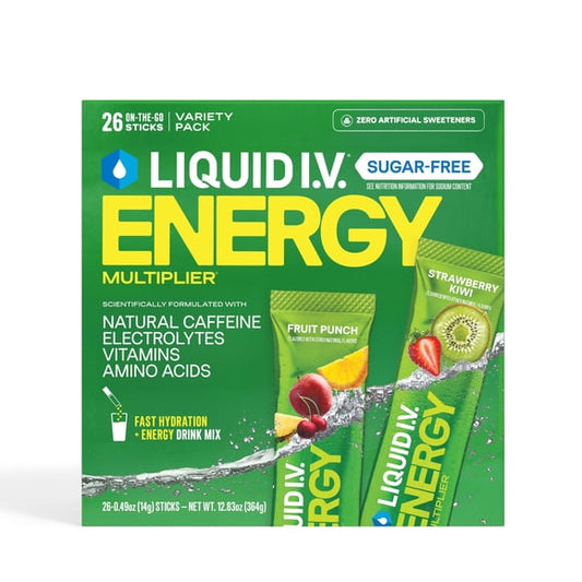 Liquid I.V. Sugar-Free Hydration + Energy Electrolyte Powder Drink Mix, Fruit Punch & Strawberry Kiwi Variety Pack, 26 pk.