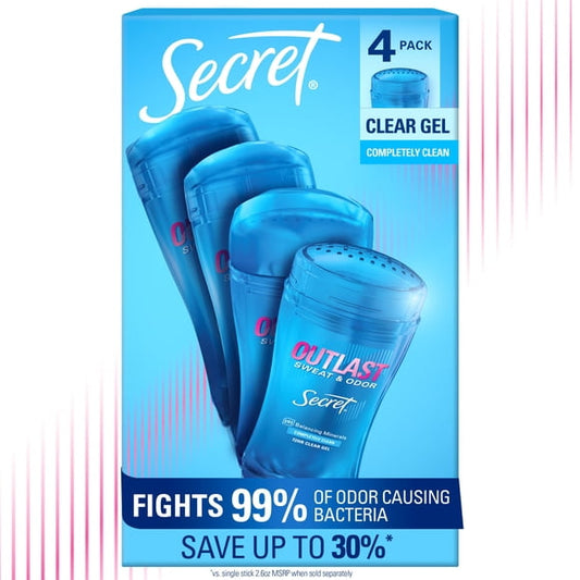 Secret Outlast Clear Gel Deodorant, Completely Clean, 2.6 oz., 4 pk.