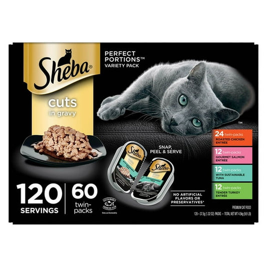 Sheba Perfect Portions Cuts in Gravy Adult Variety Wet Cat Food, Twin-Pack Tray, 1.32 oz., 60 ct., 120 servings