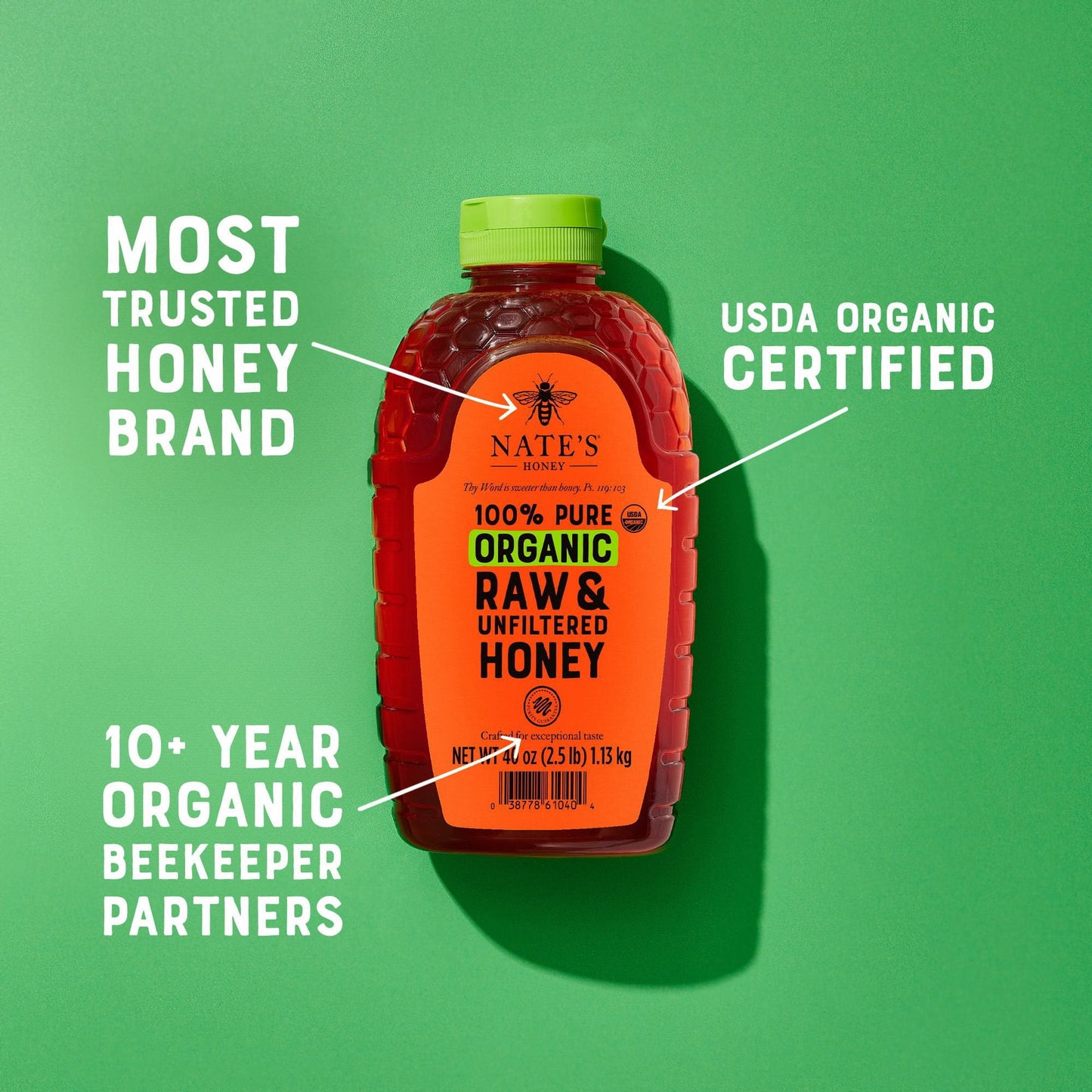 Nate's Honey 100% Organic Pure Raw and Unfiltered Honey, 40 oz.