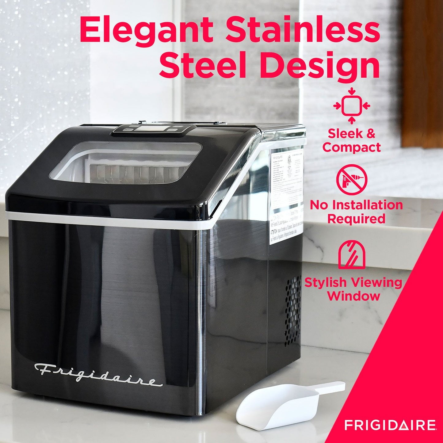 Frigidaire Ice Maker, Countertop Stainless Steel Ice Maker with Transparent Window, Clear Ice Cube Maker with 40 lbs. Capacity, Ice Maker Machine