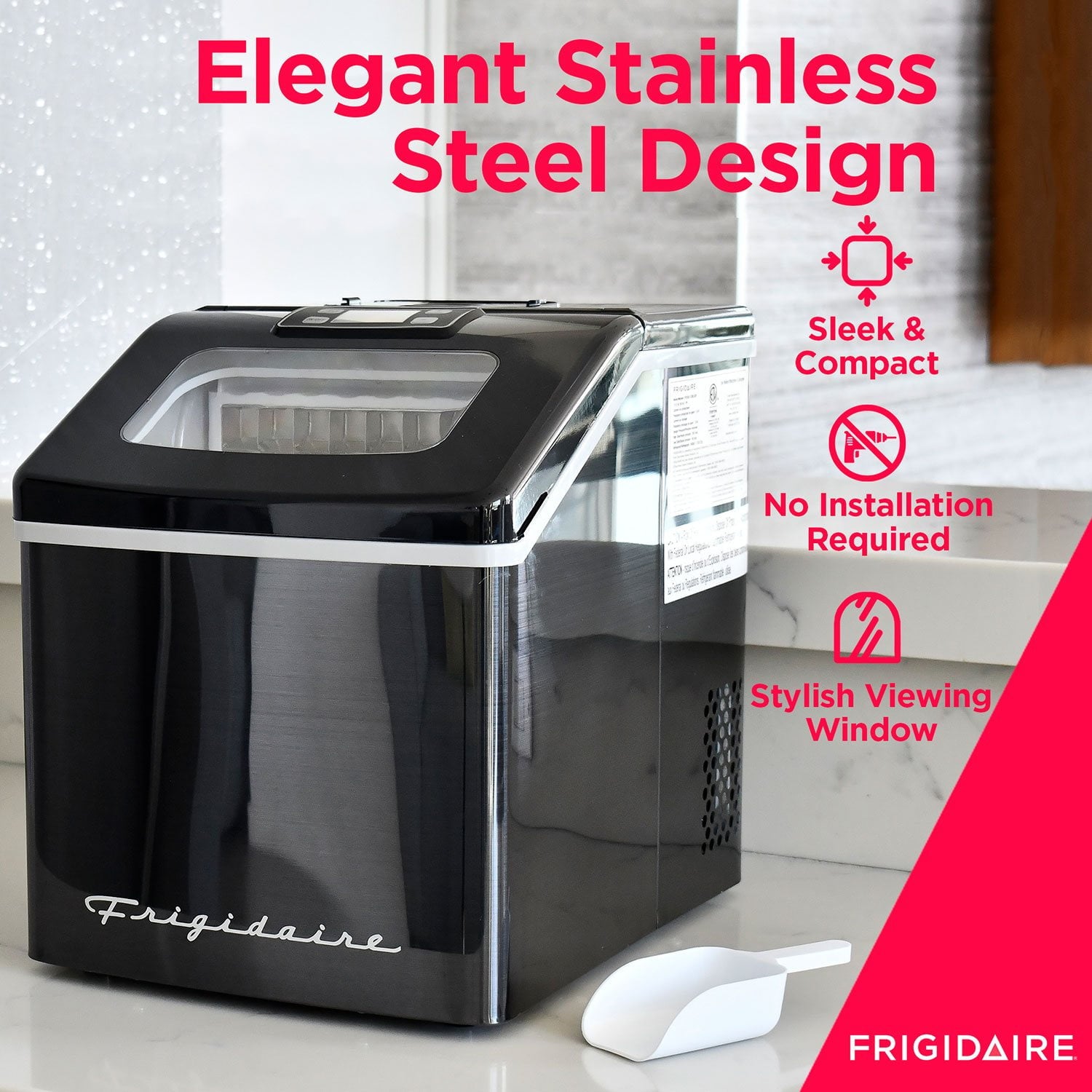 Frigidaire Ice Maker, Countertop Stainless Steel Ice Maker with Transparent Window, Clear Ice Cube Maker with 40 lbs. Capacity, Ice Maker Machine