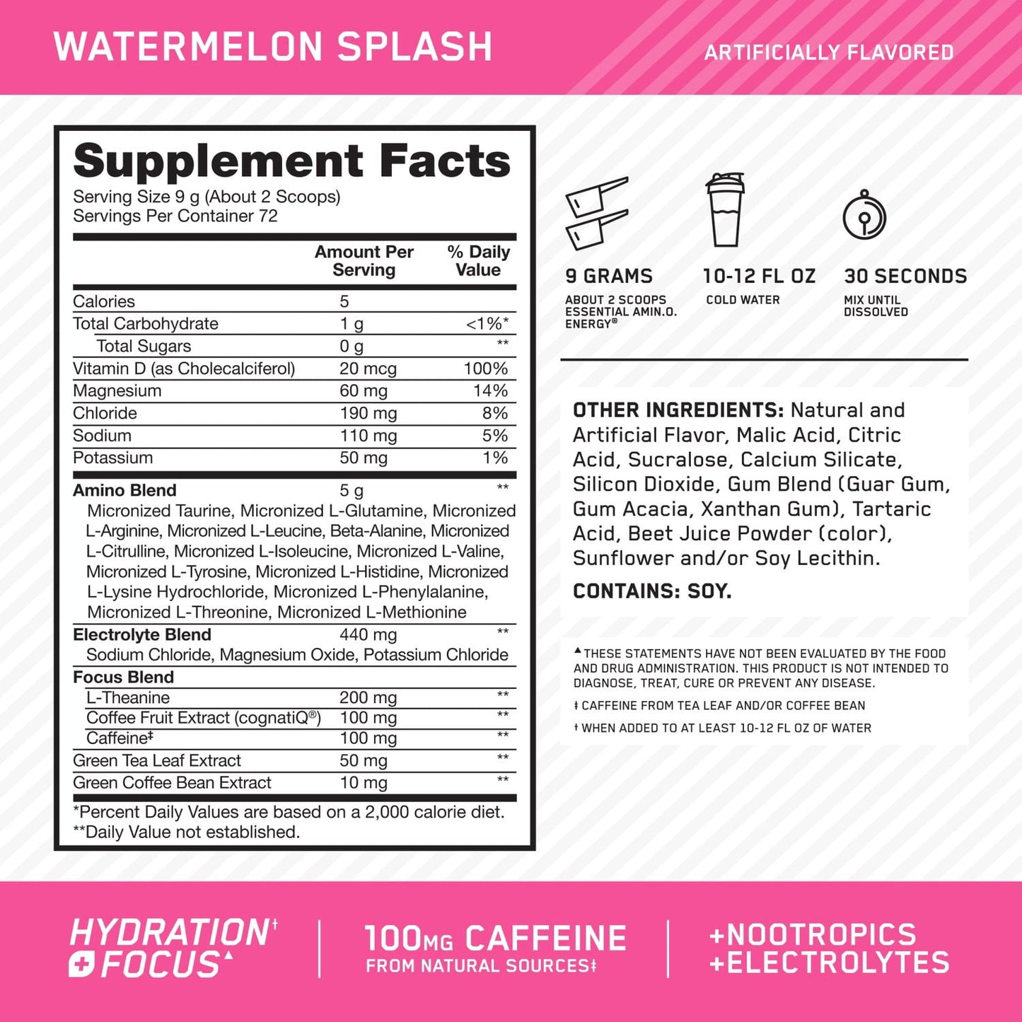Optimum Nutrition, Amino Energy + Focus, Pre-Workout, Watermelon, 1.42 lbs.