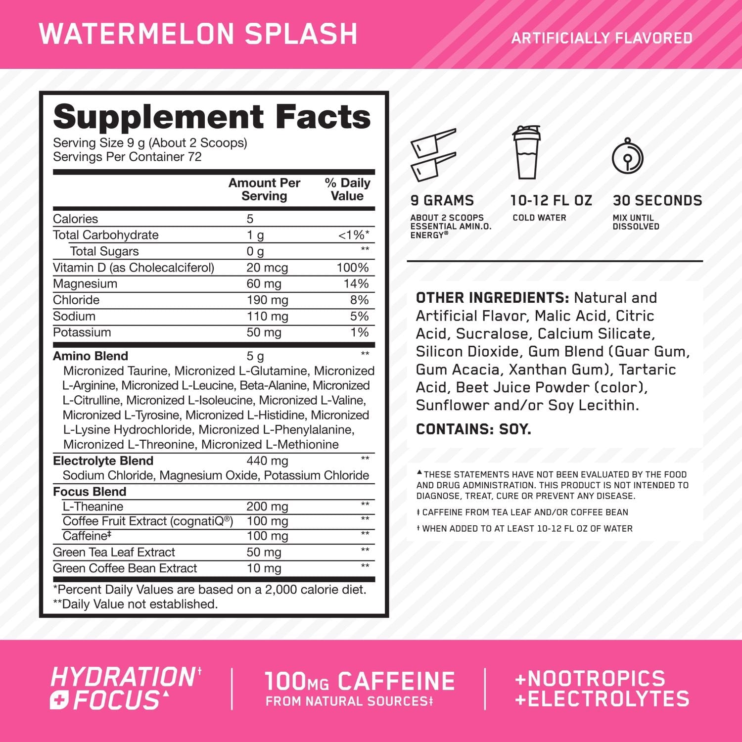 Optimum Nutrition, Amino Energy + Focus, Pre-Workout, Watermelon, 1.42 lbs.