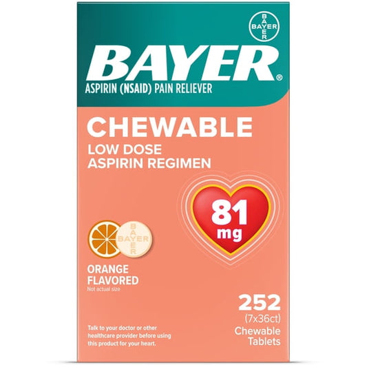 Bayer Chewable Aspirin Regimen Low Dose Pain Reliever Tablets, 81mg, Orange, 252 ct.
