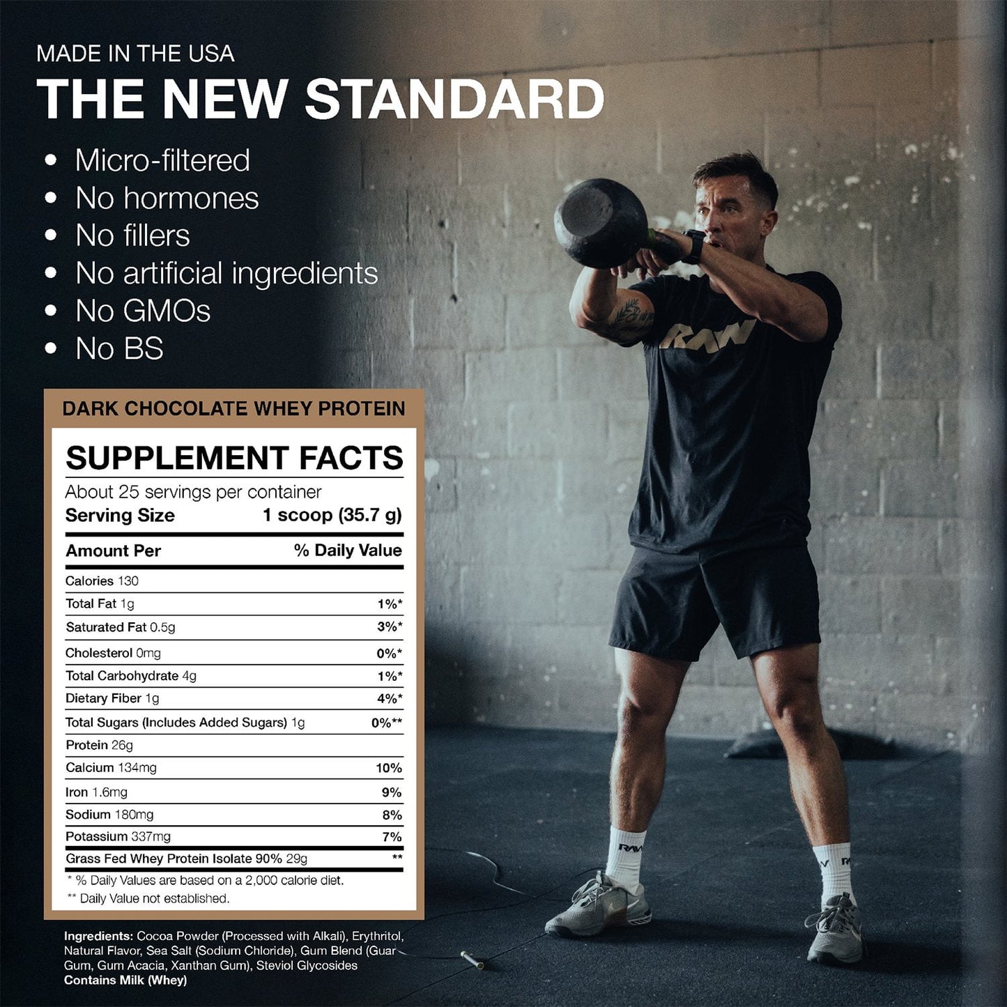 RAW 25g Grass Fed Whey Isolate Protein Powder, Dark Chocolate, 1.97 lbs.
