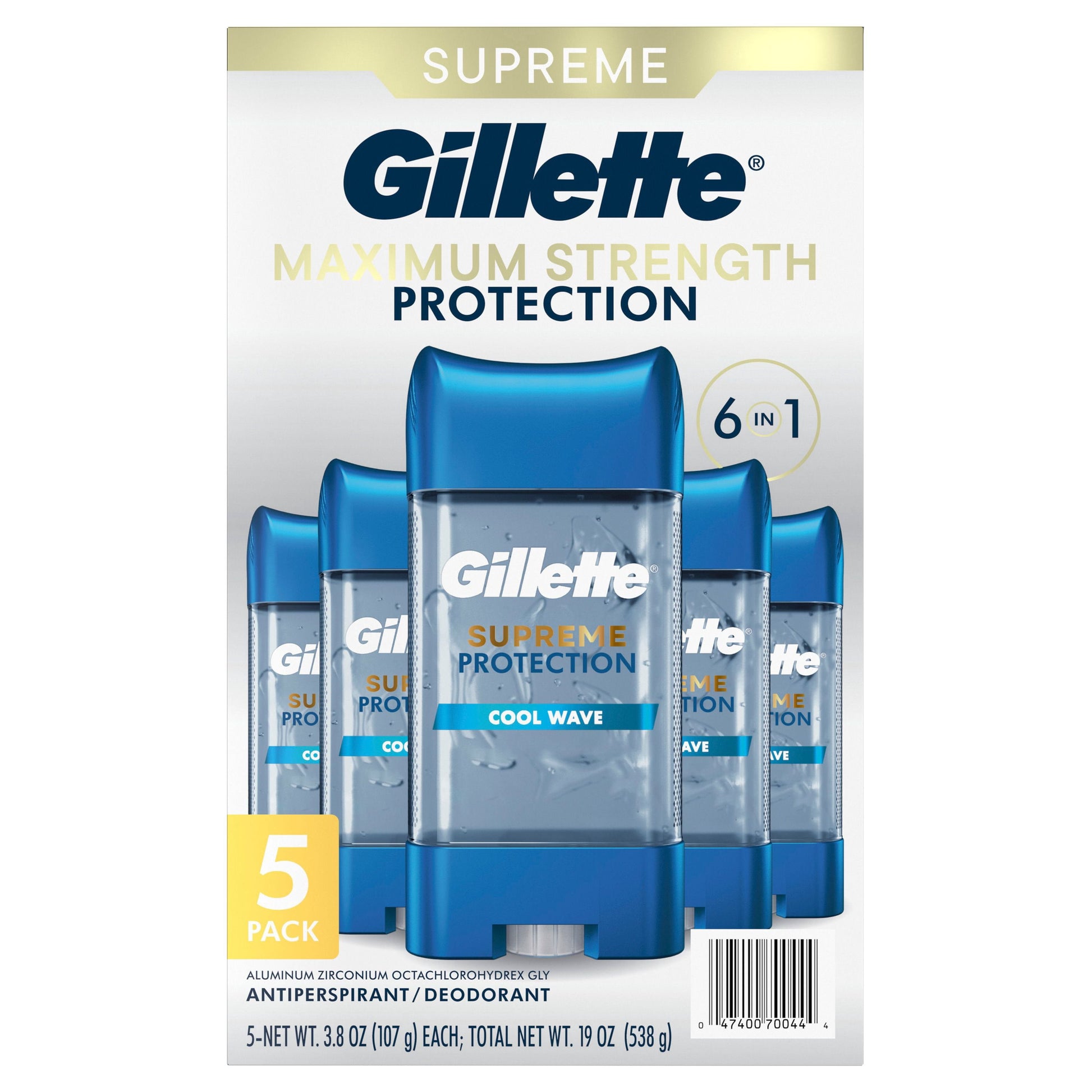 Gillette Supreme Maximum Strength Protection Men's Deodorant Clear Gel Antiperspirant, Cool Wave, 3.8 oz., 5 pk.