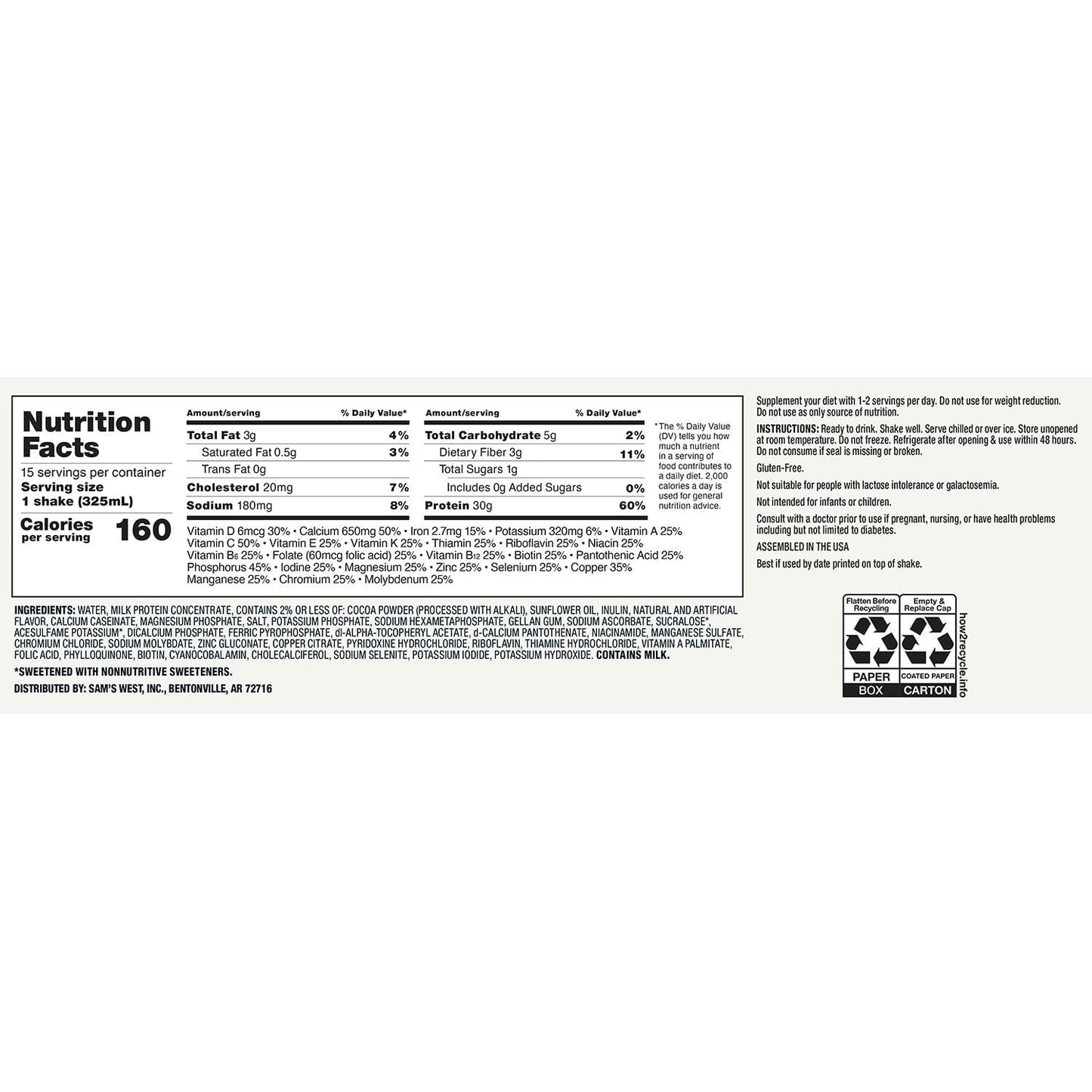Member's Mark 30g High Protein Nutritional Shake, Chocolate 11 fl. oz., 15 pk.