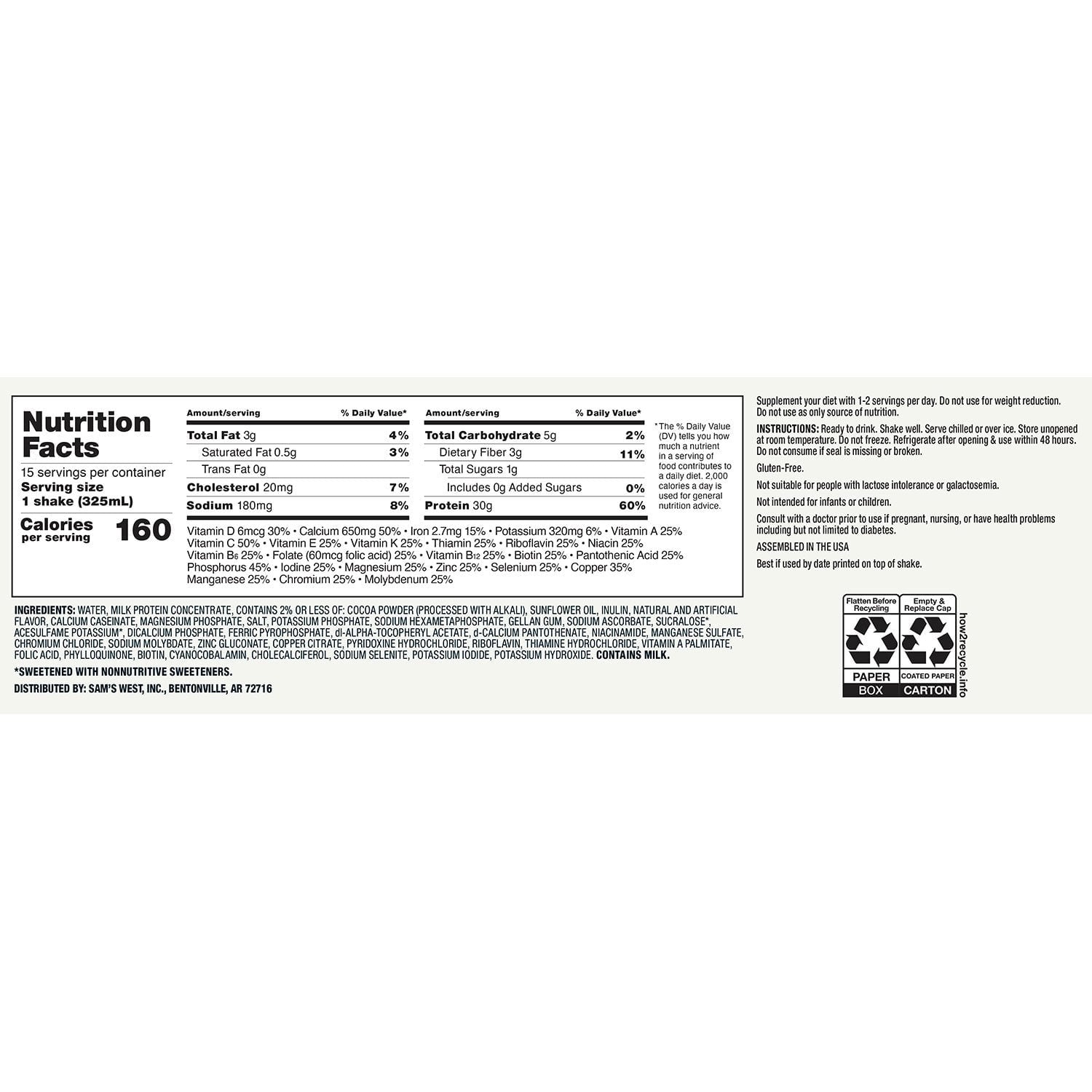 Member's Mark 30g High Protein Nutritional Shake, Chocolate 11 fl. oz., 15 pk.