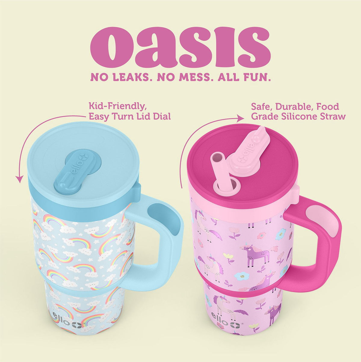 Ello Oasis 14oz Stainless Steel Kids Tumbler with Handle, 100% Leakproof, 2-Pack