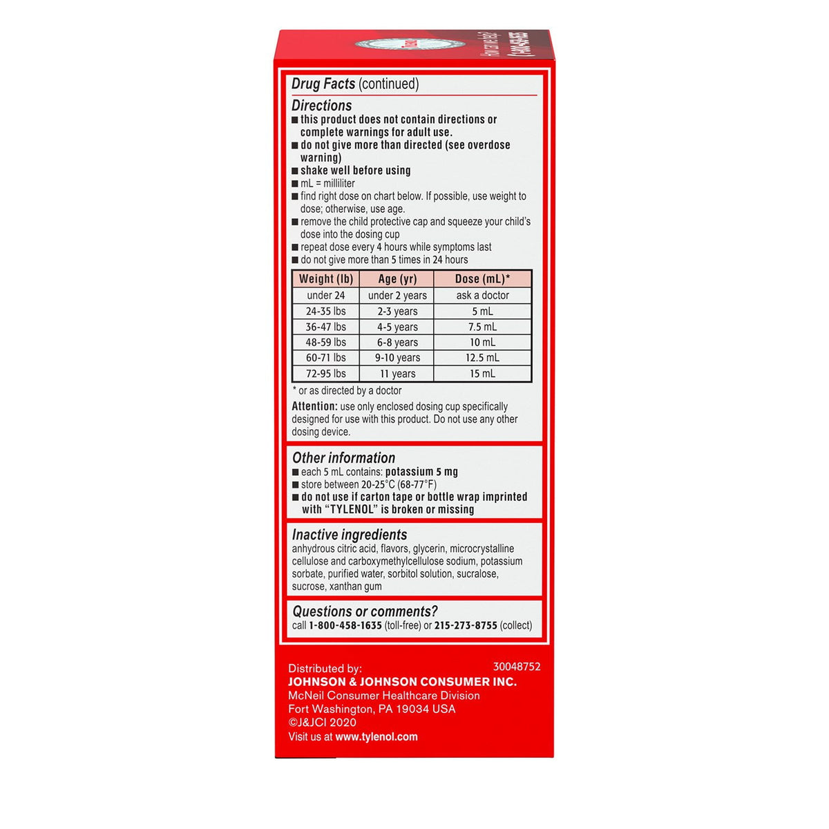 Children's Tylenol Oral Suspension, Dye Free, Cherry, 4 oz., 3 pk.