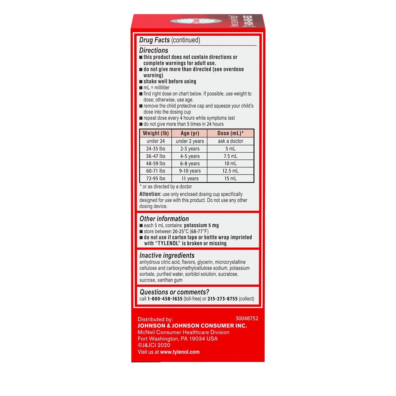 Children's Tylenol Oral Suspension, Dye Free, Cherry, 4 oz., 3 pk.