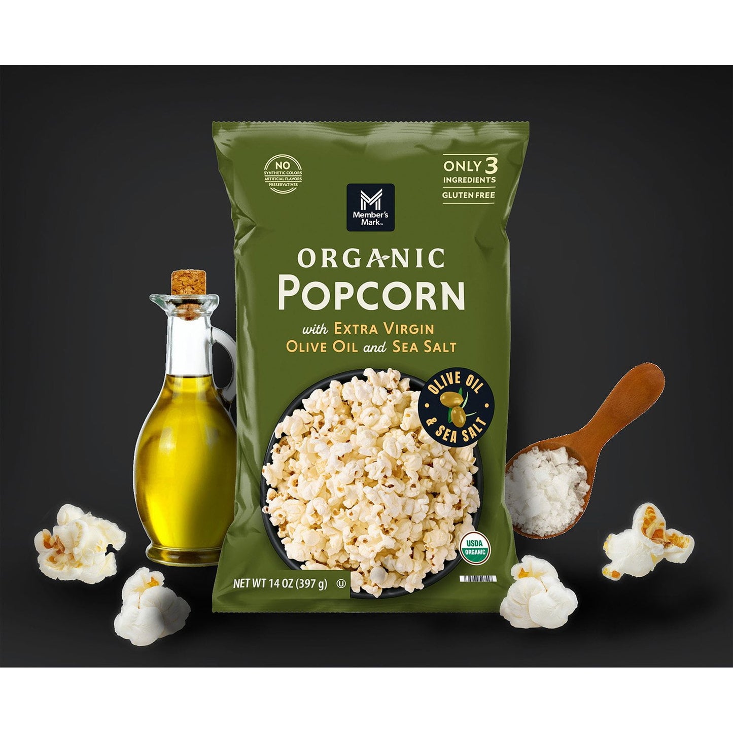 Member's Mark Organic Popcorn with Extra Virgin Olive Oil and Sea Salt, 14 oz.