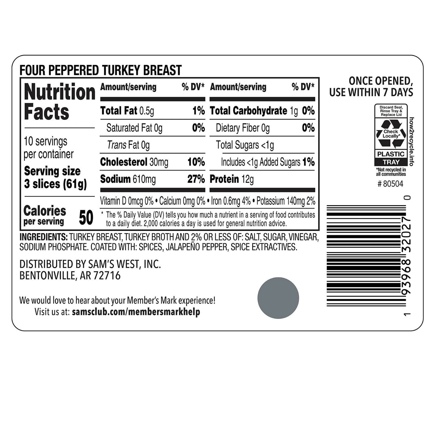 Member's Mark Four Peppered Turkey Breast, Sliced, 1 lb. 6 oz.