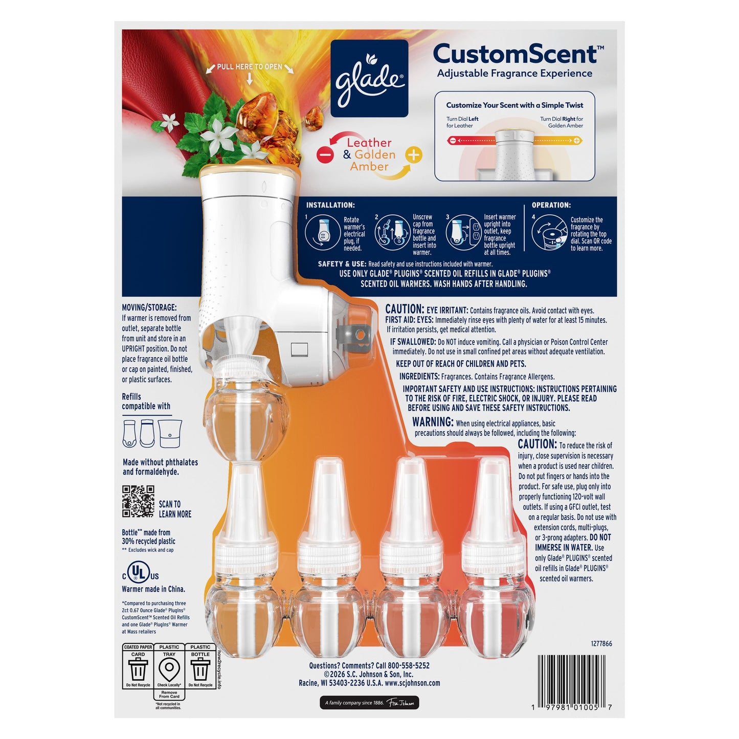 Glade CustomScent PlugIns Scented Oils, Leather and Golden Amber, 1 Warmer + 5 Refills. Total 3.35 fl. oz./99 ml.