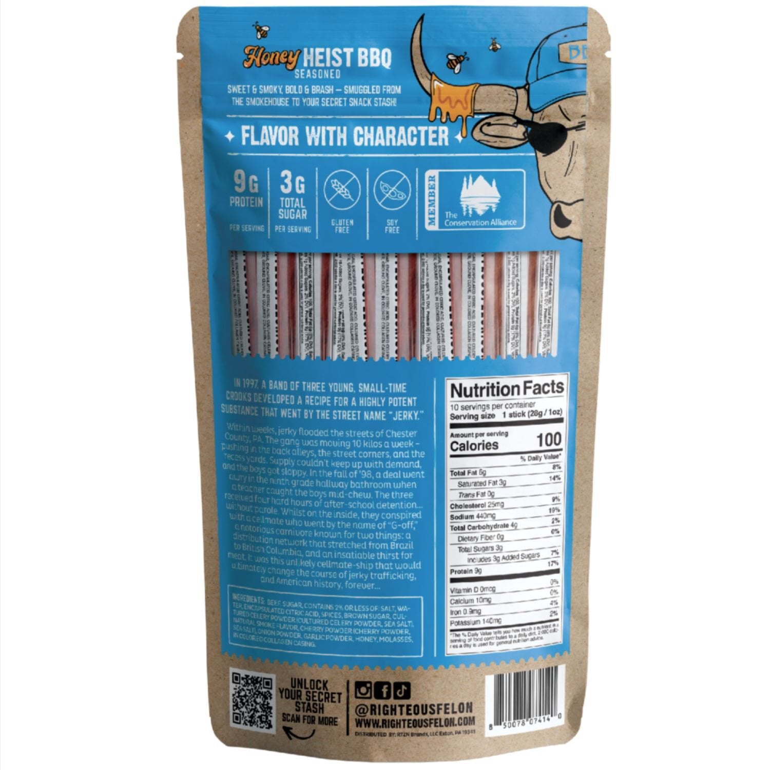 Righteous Felon BBQ Seasoned Grass-Fed Beef Sticks, 10 oz.