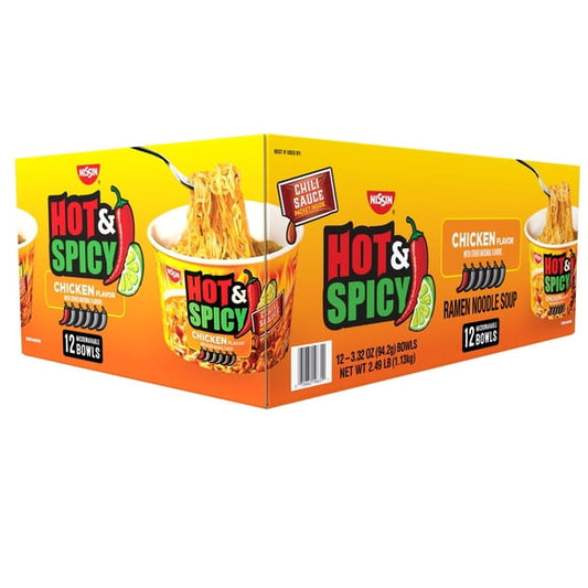 Nissin Hot and Spicy Ramen Noodle Soup Bowl, Chicken Flavor, 3.32 oz., 12 pk.