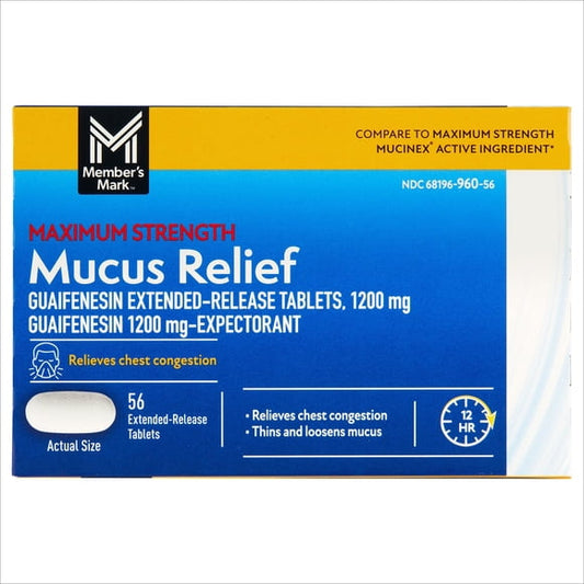 Member's Mark 12-Hour Maximum Strength Chest Congestion Expectorant Tablets, 1200 mg Guaifenesin, 56 ct.