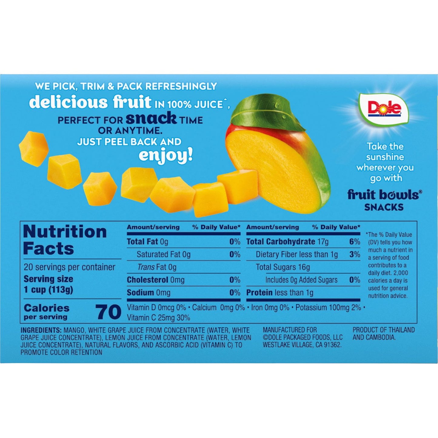 Dole Fruit Bowls Diced Mango in 100% Juice, 4 oz., 20 pk.