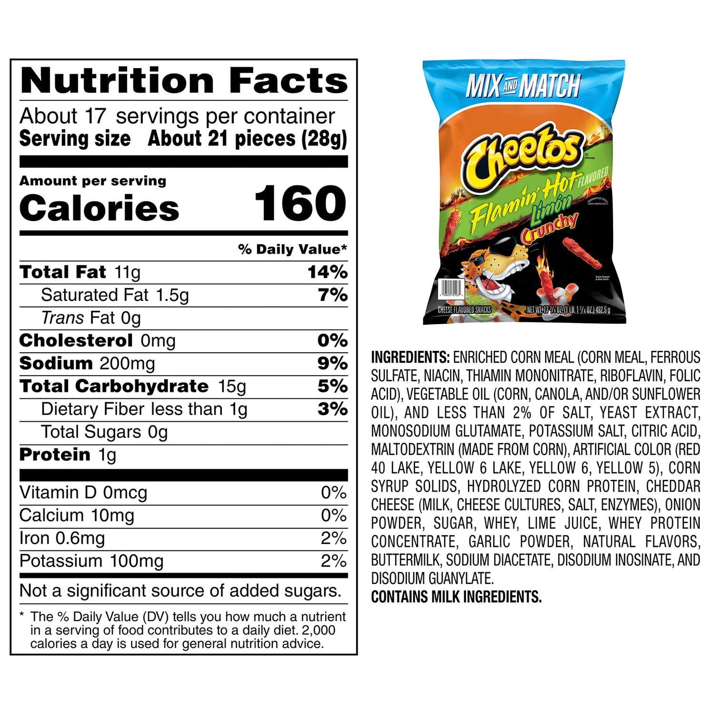 Cheetos Flamin' Hot Limon Crunchy Cheese Flavored Snacks, 17.375 oz.