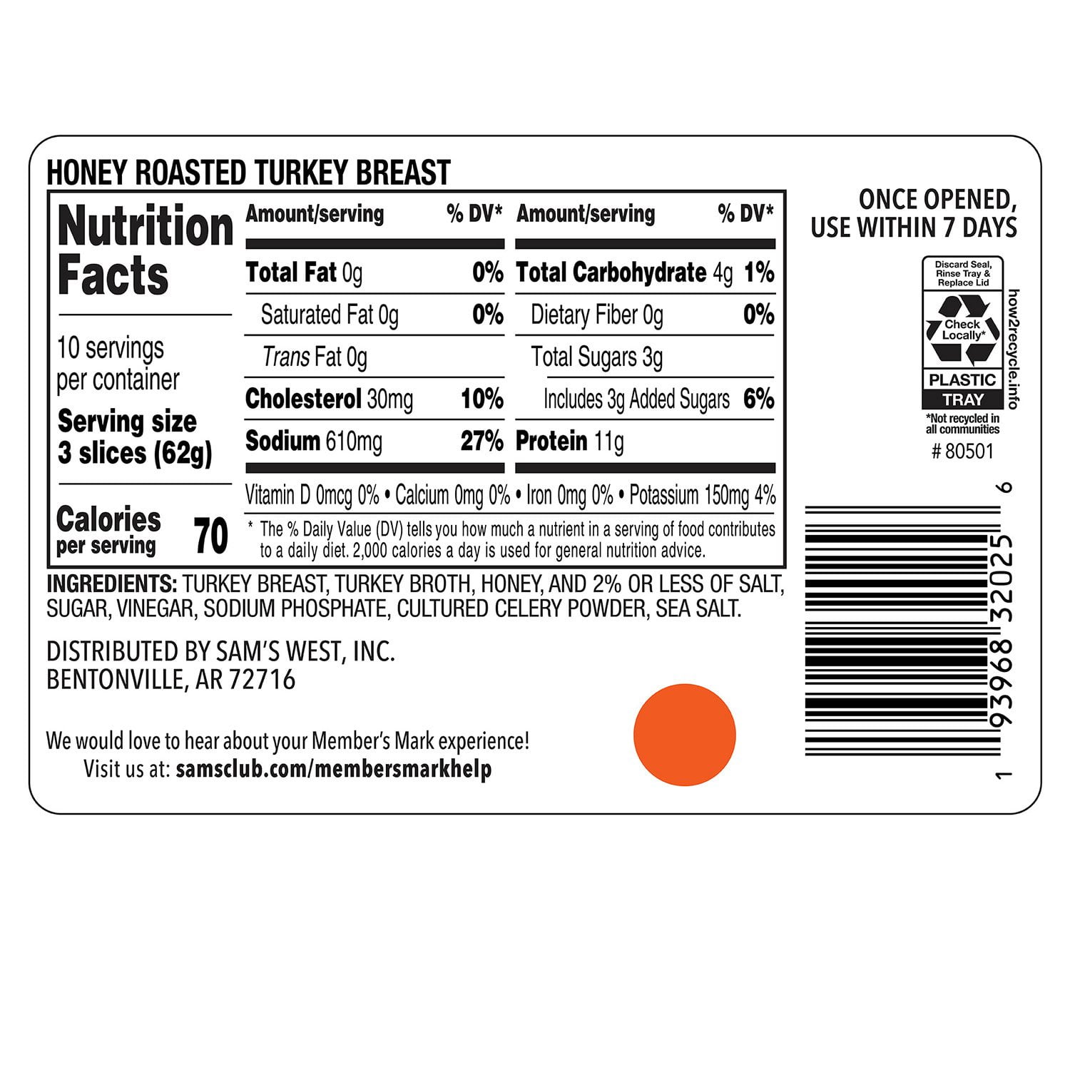 Member's Mark Honey Roasted Turkey Breast, Sliced, 1 lb. 6 oz.
