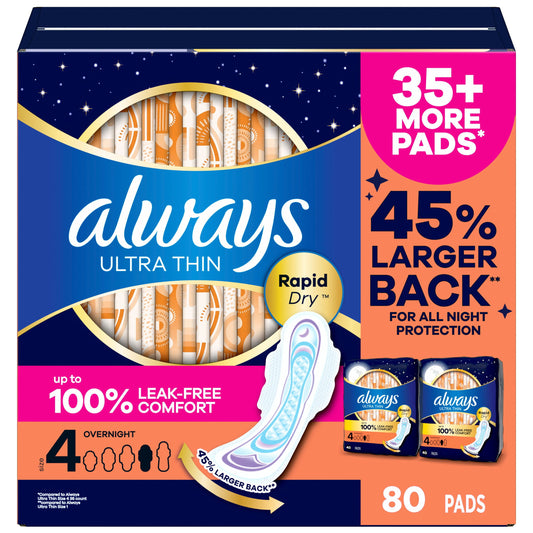 Always Ultra Thin Overnight Pads with Wings, Size 4, 80 ct.